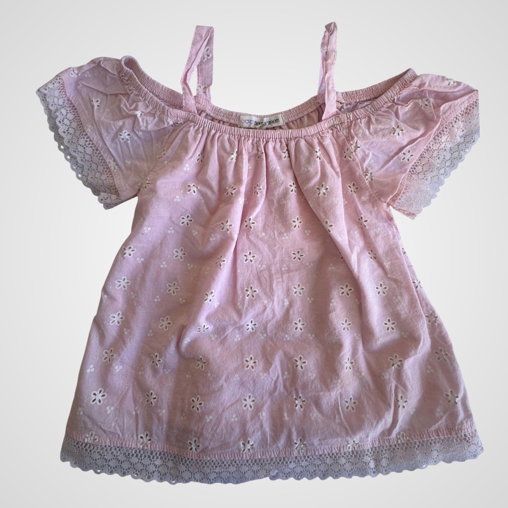 Self Esteem Girls Pink Eyelet Lace Cold Shoulder Top Size 4 Floral Boho Blouse